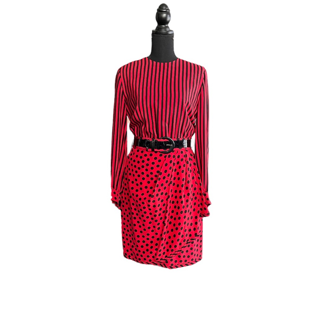 Vintage Bill Blass Silk Knee-Length Dress Red & Black Polka Dot & Striped Size 6